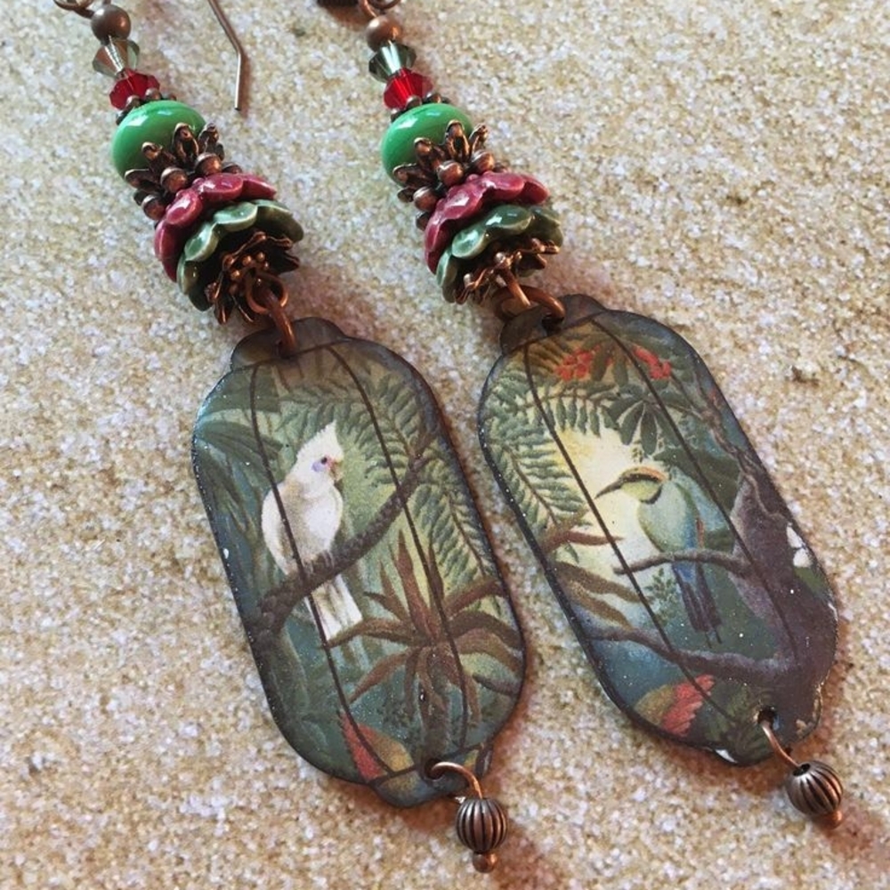 Tropical Bird Earrings with Green Accents